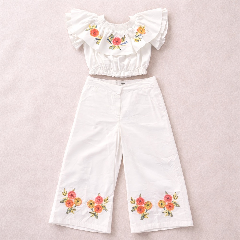 MSGM Kids Designer Off Shoulder Crop Top Wide Leg Pants Set Size 8Y White Floral